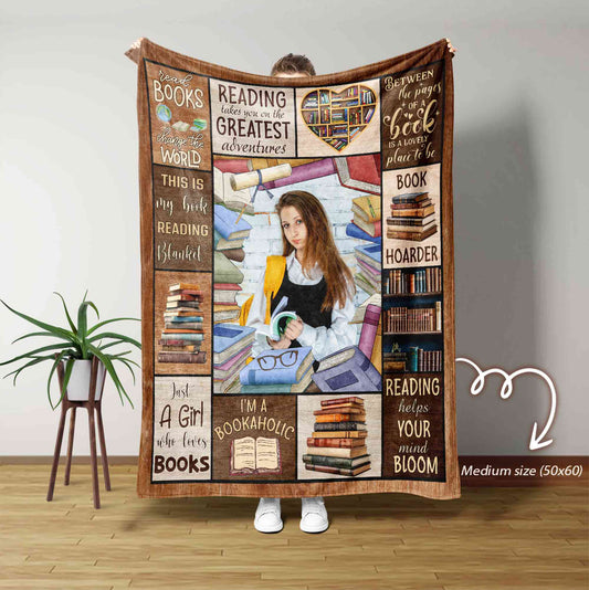 Personalized Book Lovers Blanket, Book Blanket, Blanket for Reader, Custom Photo Blanket, Girl Loves Books Quilt, Reading Lover Gift, Book Lover Gift