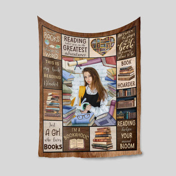 Personalized Book Lovers Blanket, Book Blanket, Blanket for Reader, Custom Photo Blanket, Girl Loves Books Quilt, Reading Lover Gift, Book Lover Gift