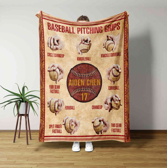 Baseball Pitching Grips Blanket, Baseball Blanket, Custom Name Blanket, Gift Blanket