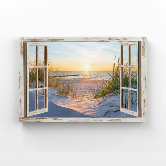Sunset Canvas, Beach Canvas, Rustic Window Canvas, Wall Art Canvas