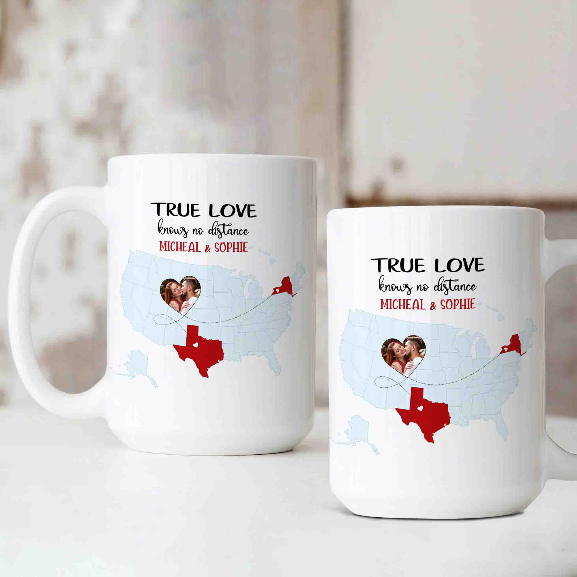 True Love Knows No Distance Mug, Long Distance Mug For Couple, State Mug, Couple Mug, Custom Name Mug, Custom Image Mug, Valentine's Day Mug