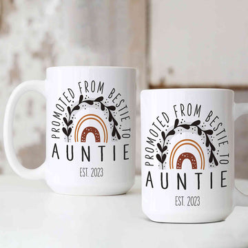 Promoted From Bestie To Auntie Mug, Boho Rainbow Mug, Custom Name Mug, Gift Mug For Aunt
