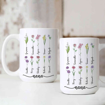 Nana Mug With Grandkids Names, Month Flower Mug Design, Grandkids Names Mug, Custom Grandma Coffee Mug, Mother's Day Gift, Nana Gift