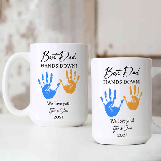 Father’s Day Gift, Custom Father’s Day Gift, Best Dad Hands Down Mug, Handprint Coffee Mug, Pillow For Dad, New Dad Gift, First Father’s Day