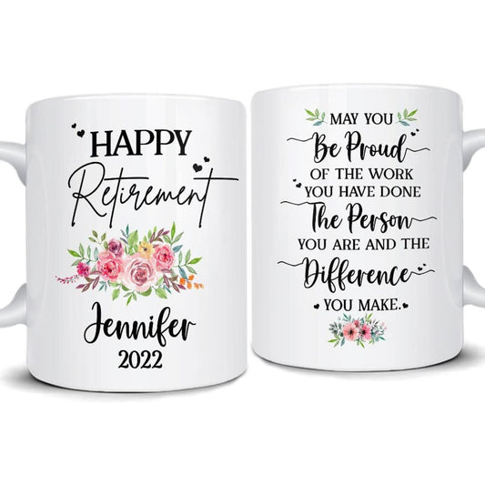 Happy Retirement Mug, Custom Mug With Name, Happy Retirement Gift, Gifts For Her, Coffee Mug For Retiree, Mug For Coworker, Floral Style Mug