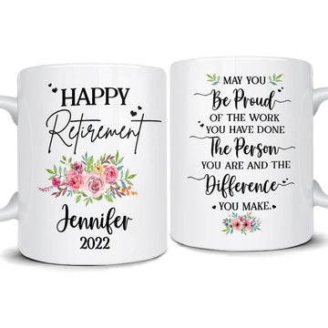 Happy Retirement Mug, Custom Mug With Name, Happy Retirement Gift, Gifts For Her, Coffee Mug For Retiree, Mug For Coworker, Floral Style Mug