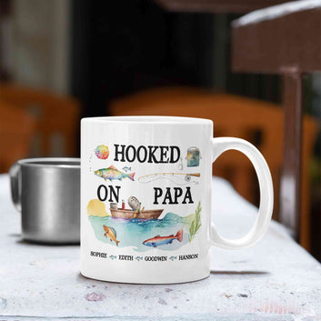 Personalized Hooked On Papa Mug, Daddy Fishing Mug, Fisher Mug, Fishing Gift With Names, Father's Day Gift, Gift For Dad, Fishing Gifts, Fisherman Gift