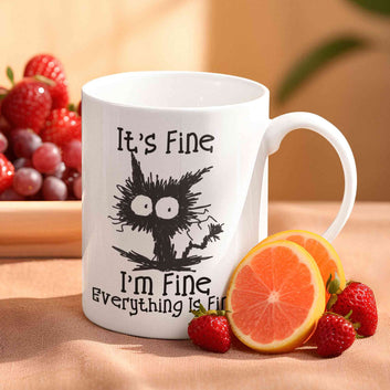 It's Fine I'm Fine Everything Is Fine Coffee Mug, Black Cat Mug, Funny Cat Mug, Cat Lover Mug, Fun Gift for Her Him, Cartoon Cat Cup Gift