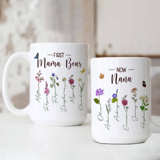 Personalized First Mom Now Grandma Mug, Birth Month Flower Mug, Grandmas Garden Mug, Mothers Day Gift, Custom Birth Month Flowers, Gift For Mom