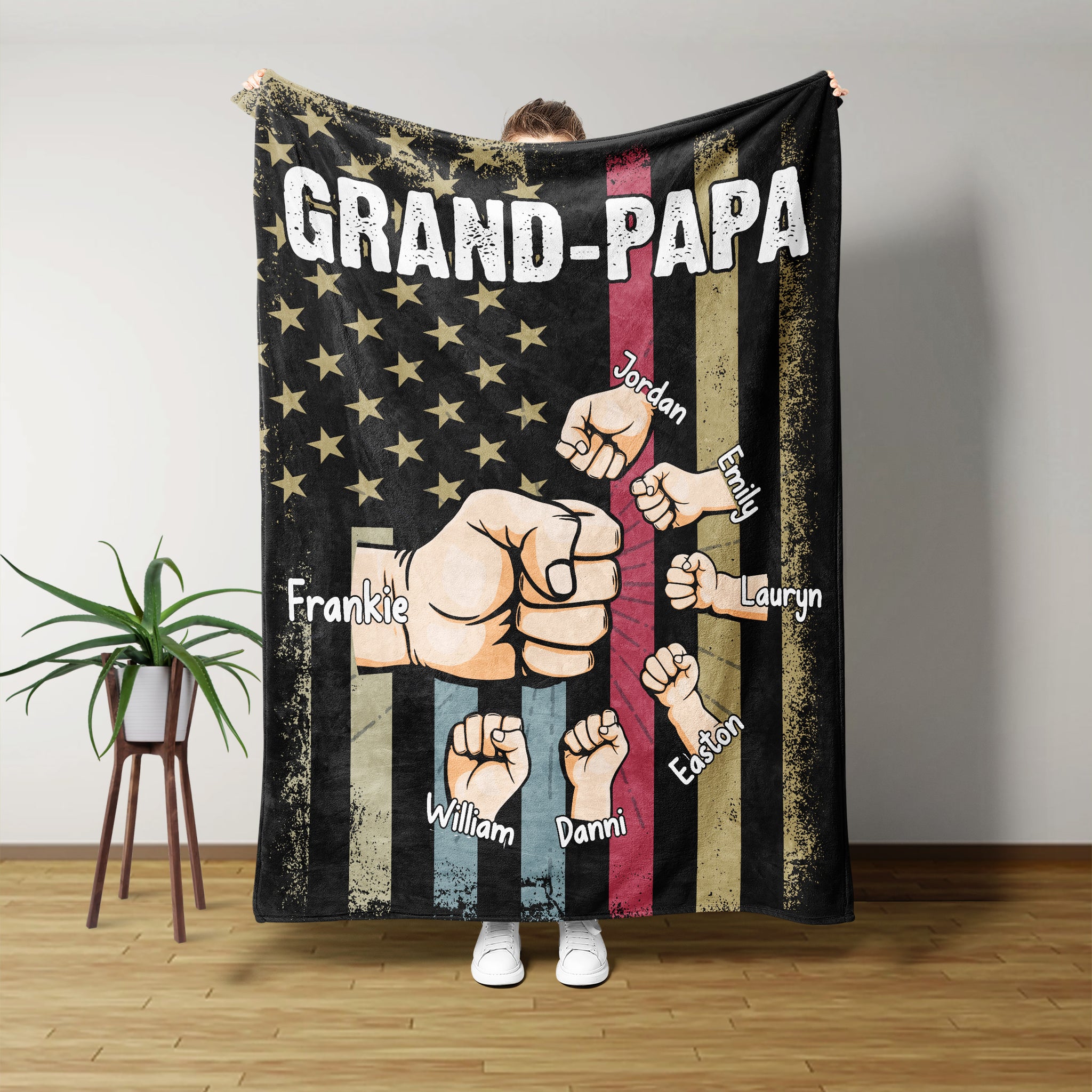 Grand Papa Blanket, Hand Punch Together Blanket, Father's Day Blanket, American Flag Blanket, Custom Name Blanket, Family Blanket