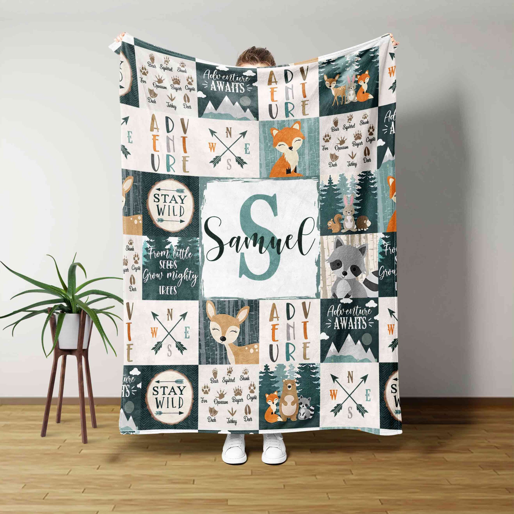 Personalized Name Blanket, Custom Woodland Baby Blanket, Baby Blanket With Name, Nursery Blanket, Bear Blanket, Fox Blanket, Deer Blanket