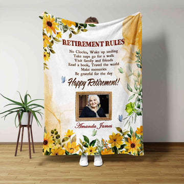 Retirement Rules Blanket, Yellow Flower Blanket For Retirement, Colleague Blanket, Best Retirement Gifts, Custom Image Blanket, Custom Name Blanket