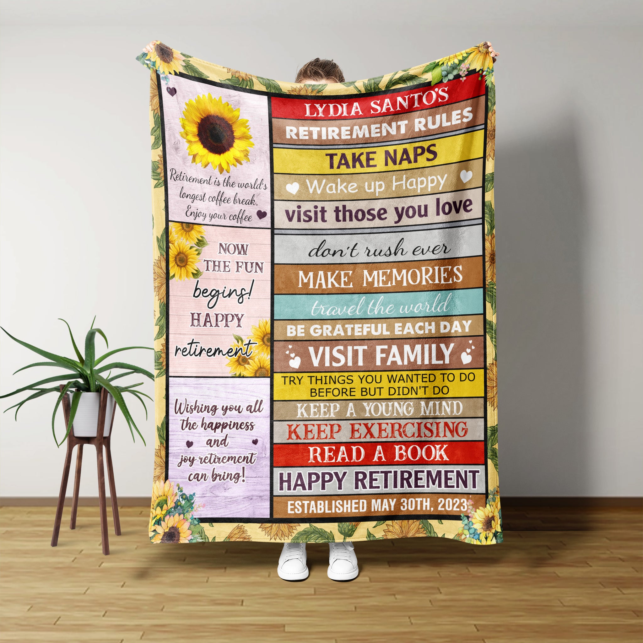 Personalized Retirement Rules Blanket, Happy Retirement 2023 Blanket, Sunflower Retirement Gift, Gifts for Coworker, Boss Gift Retirement