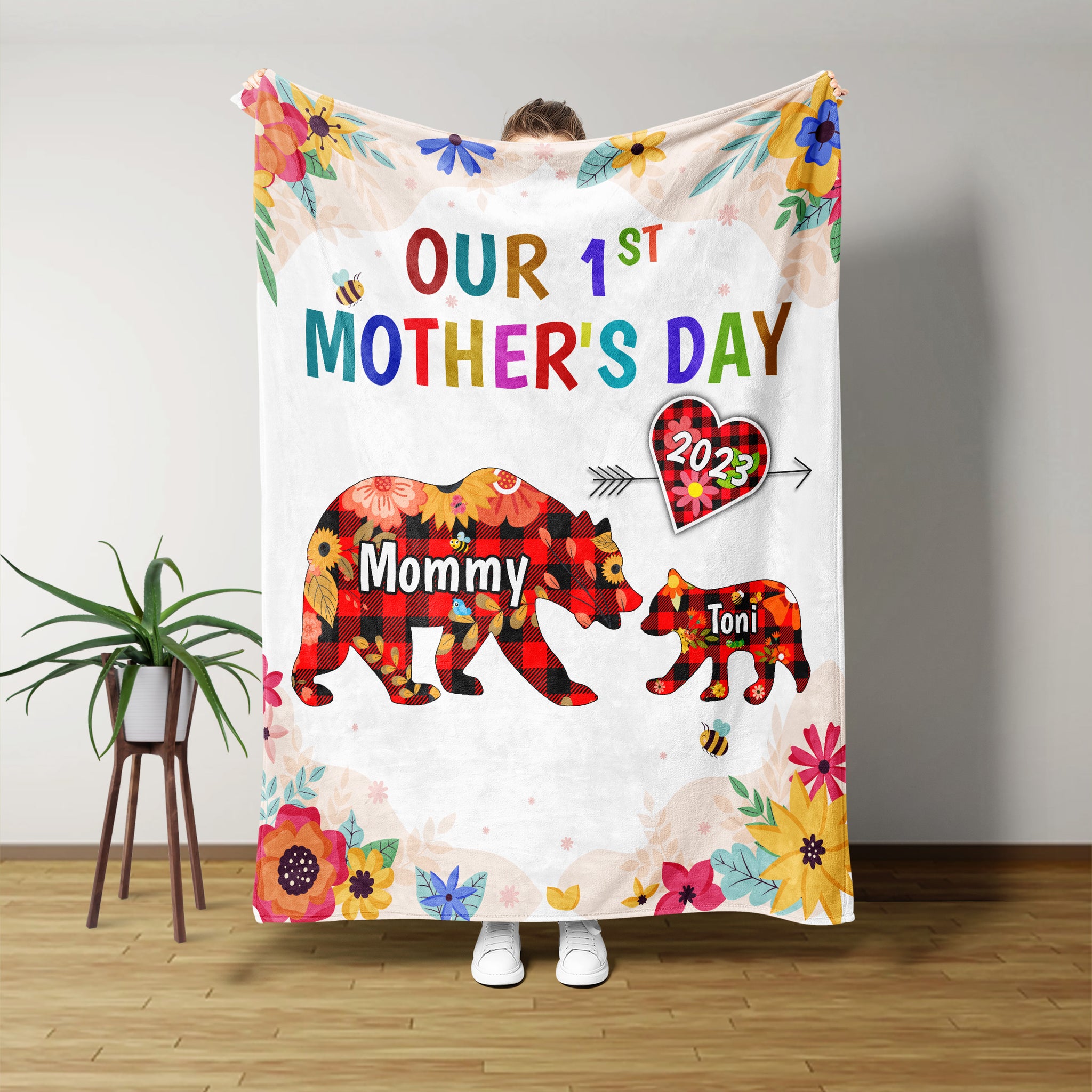 Mother's Day Blanket, Custom Mother Bear Blanket, Mother's Day Gift For Mom From Baby Bear, Custom Name Blanket