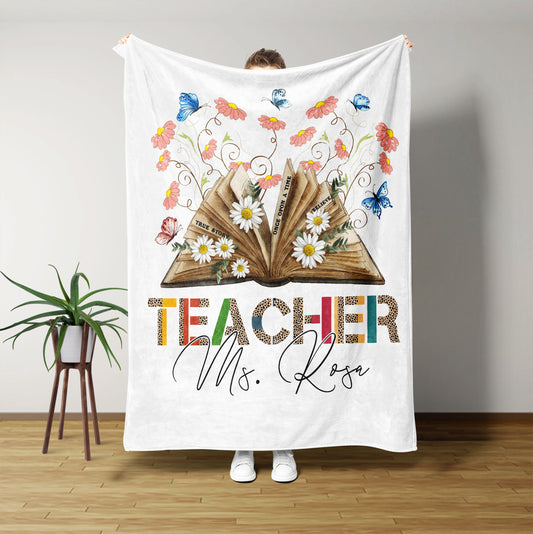 Personalized Teacher Blanket, Teacher Blanket, Teachers Day Blanket, Book Blanket, Flower Blanket, Custom Name Blanket, Best Gift Canvas For Teacher