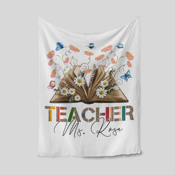 Personalized Teacher Blanket, Teacher Blanket, Teachers Day Blanket, Book Blanket, Flower Blanket, Custom Name Blanket, Best Gift Canvas For Teacher
