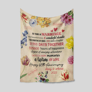 Happy 60th Anniversary Blanket, 60 Years Of Marriage Blanket, Wedding Anniversary Blanket, Flower Blanket, Custom Name Blanket, Gifts For Parents, Blanket For Couples