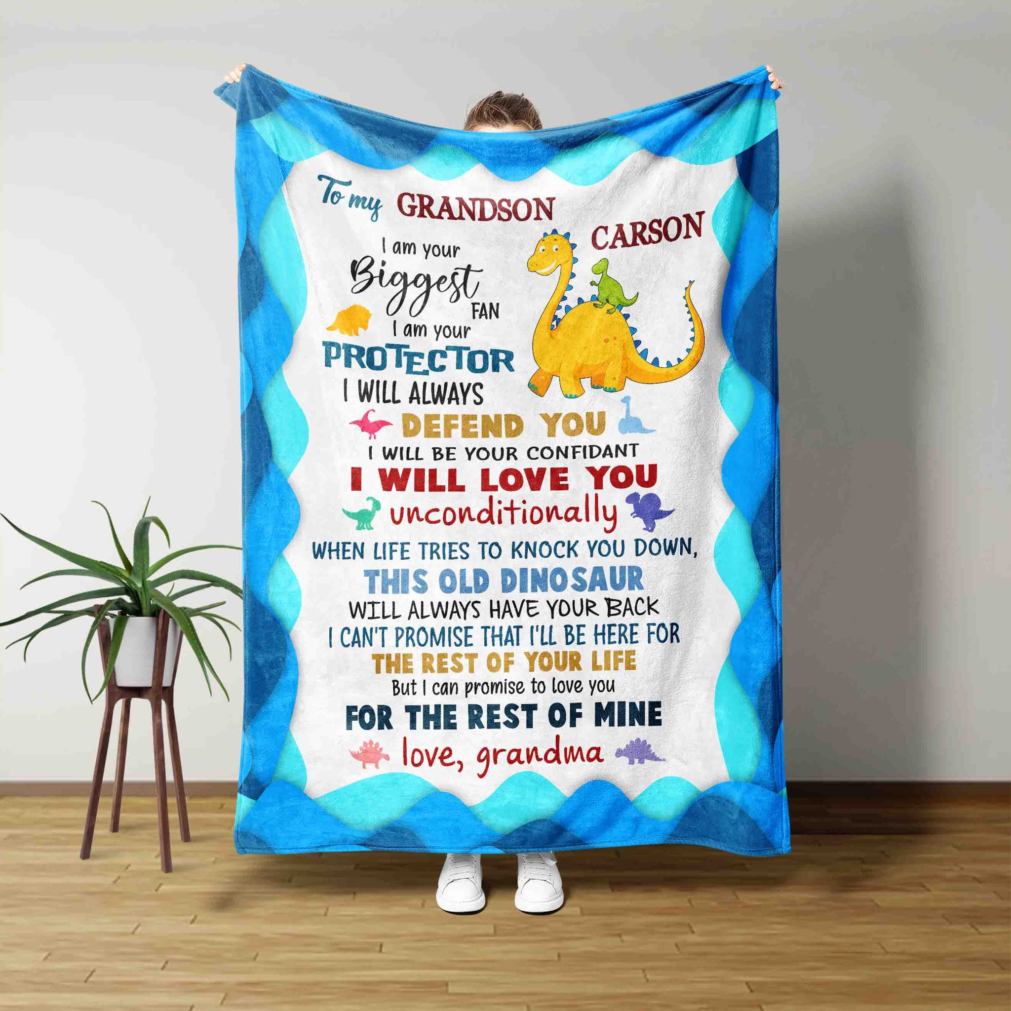 To My Grandson Blanket, Dinosaur Blanket, Grandson Blanket, Cute Dinosaur Blanket, Family Blanket, Baby Blanket, Custom Name Blanket, Gift For Grandson