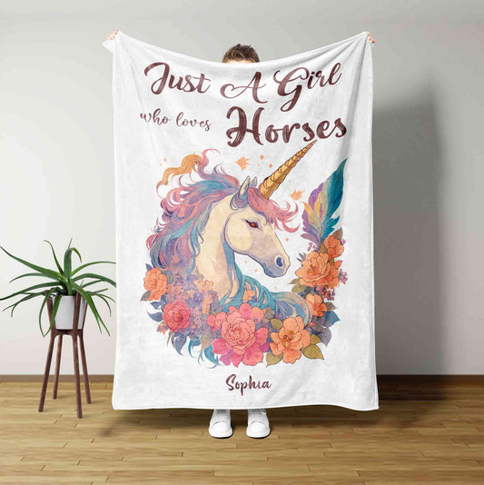 Just A Girl Who Loves Horses Blanket, Horse Blanket, Floral Horse Blanket, Horse Lover Gift, Horse Blankets For Girls, Custom Name Blanket, Horse Gift, Gift For Horse Lover