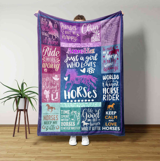 Just A Girl Who Loves Horses Blanket, Horse Blanket, Horse Blankets For Girls, Custom Name Blanket, Horse Lover Gift, Blanket For Horse Lovers