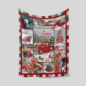 At Christmas All Roads Lead Home Blanket, Christmas Blanket, Red Truck Christmas Blanket, Custom Name Blanket, Christmas Truck Blanket, Red Truck Lover Gift, Christmas Gifts