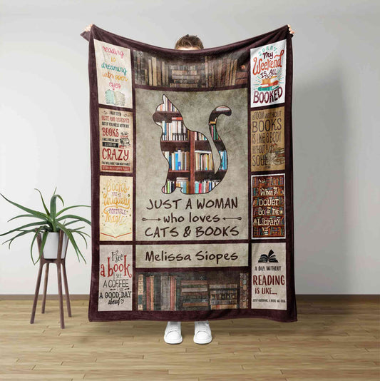 Just A Woman Who Loves Cats And Books Blanket, Custom Name Blanket, Cat Lover Gift, Gifts For Her, Vintage Cats Bookshelf Blanket