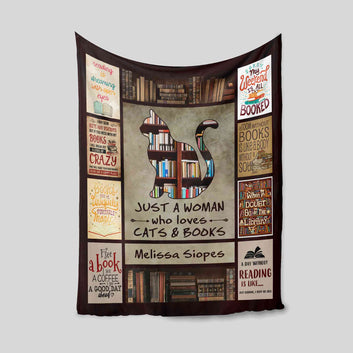 Just A Woman Who Loves Cats And Books Blanket, Custom Name Blanket, Cat Lover Gift, Gifts For Her, Vintage Cats Bookshelf Blanket