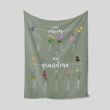 Personalized First Mom Now Grandma Garden Blanket, Birth Flower Blanket, Custom Grandma's Garden Blanket, Mothers Day Gift, Gift for Mom