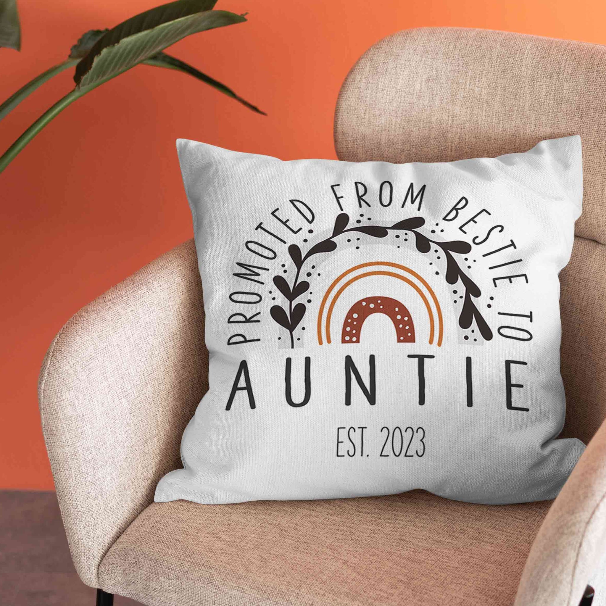 Promoted From Bestie To Auntie Pillow, Boho Rainbow Pillow, Custom Name Pillow, Gift Pillow For Aunt