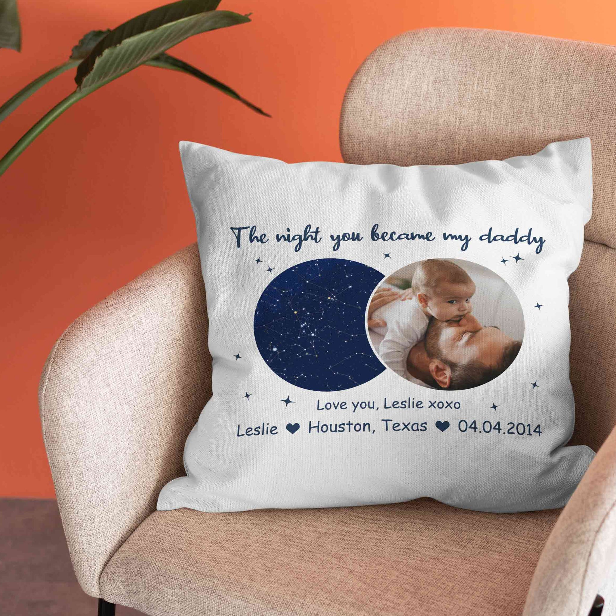 The Night You Became My Daddy Pillow, Personalized Star Map Photo Gift Pillow, Father's Day Gifts, Pillow for Dad, Anniversary Gift for Dad