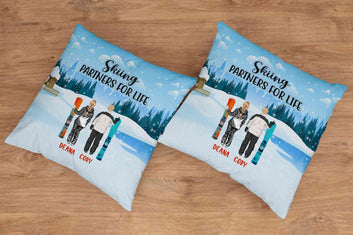 Skiing Partners For Life Pillow, Skiing Couple Pillow, Ski Pillow, Snowboarding Pillow, Custom Name Pillow, Gift For Skiers, Gift For Couple, Skiing Gift