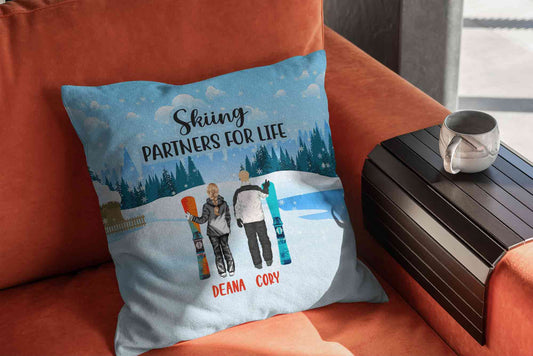 Skiing Partners For Life Pillow, Skiing Couple Pillow, Ski Pillow, Snowboarding Pillow, Custom Name Pillow, Gift For Skiers, Gift For Couple, Skiing Gift