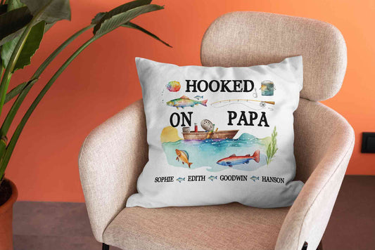 Personalized Hooked On Papa Pillow, Daddy Fishing Pillow, Fisher Pillow, Fishing Gift With Names, Father's Day Gift, Gift For Dad, Fishing Gifts, Fisherman Gift