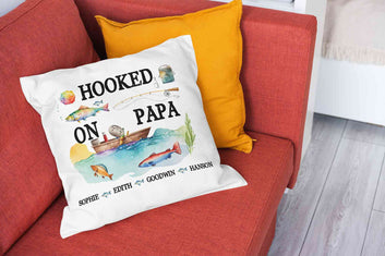 Personalized Hooked On Papa Pillow, Daddy Fishing Pillow, Fisher Pillow, Fishing Gift With Names, Father's Day Gift, Gift For Dad, Fishing Gifts, Fisherman Gift