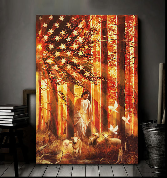 Jesus Walking With The Lambs Sunset Flag Canvas - Canvas Prints