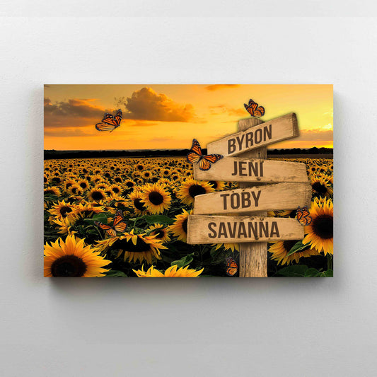 Personalized Name Canvas, Sunflower Field Canvas, Butterfly Canvas