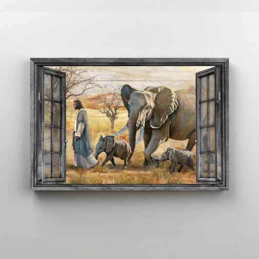 Walking With Jesus Canvas, Elephant Family Canvas, God Canvas, Savanna Canvas, Window Frame Canvas