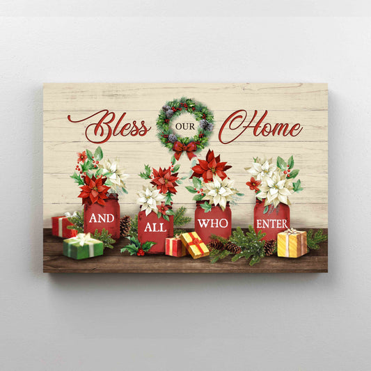 Bless Our Home Canvas, Christmas Painting Canvas, Flower Laurel Wreath Canvas