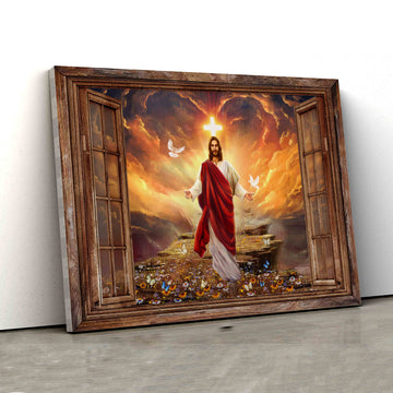 Window Frame Canvas, Sunset Painting Canvas, Jesus Canvas, Gift Canvas