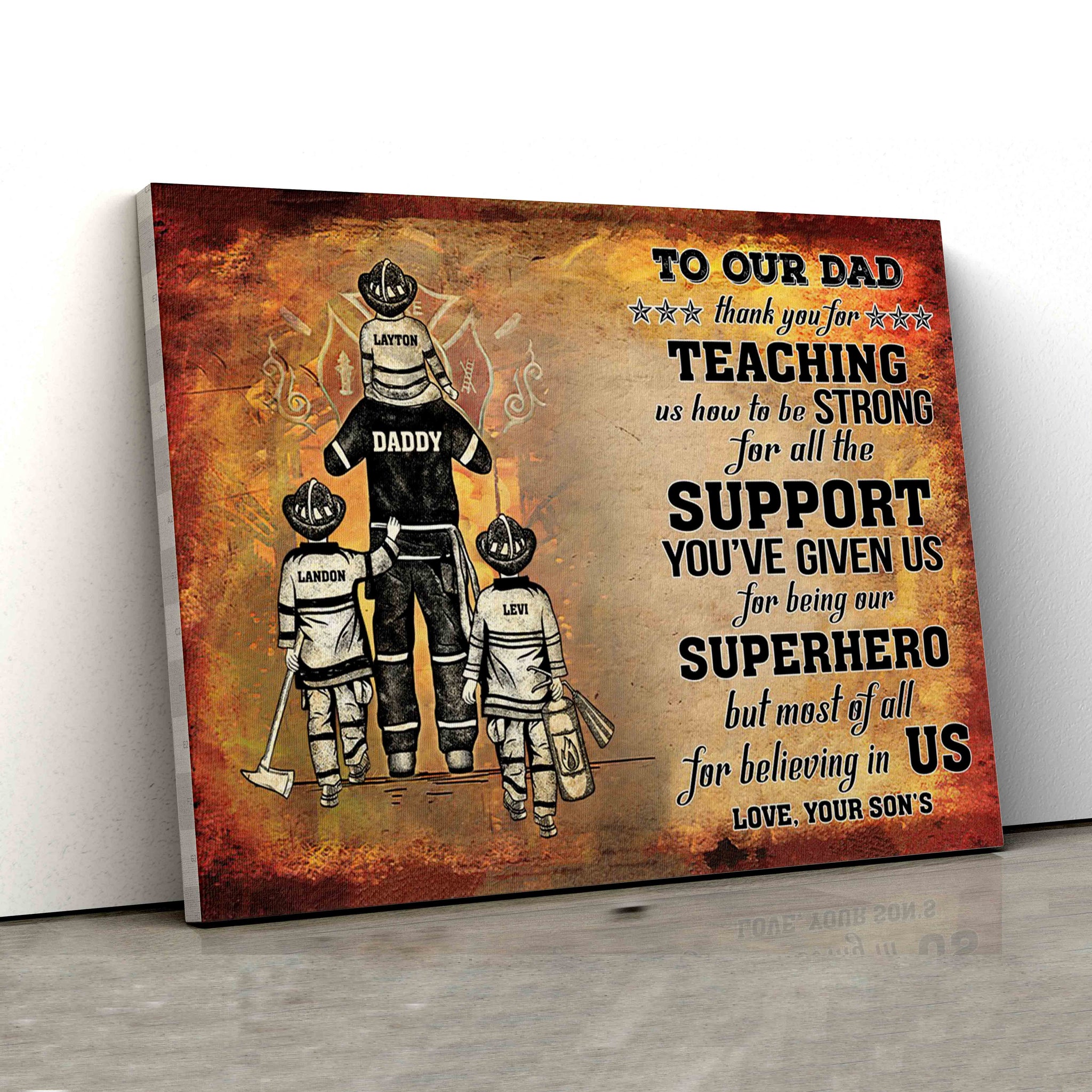 To Our Dad Canvas, Firefighter Canvas, Custom Name Canvas, Family Canvas, Canvas For Gift