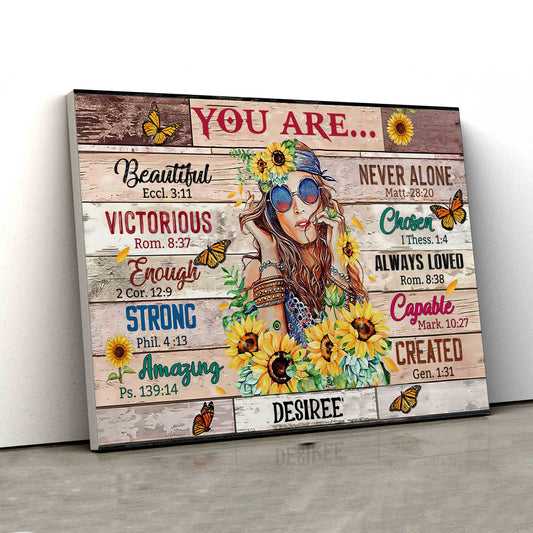 You Are Beautiful Canvas, Custom Name Canvas, Hippie Girl Canas, Sunflower Canvas, Gift Canvas