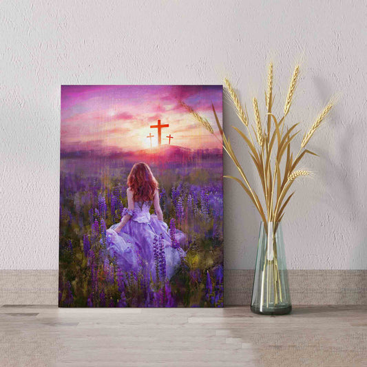 Violet Flower Field Canvas, Cross Canvas, Gift Canvas, Girl Canvas