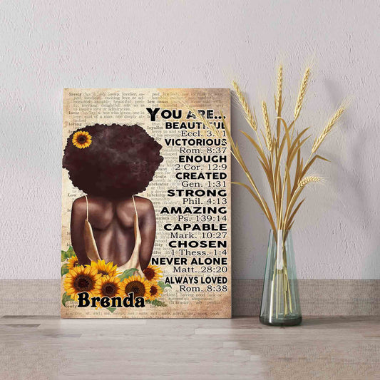You Are Beautiful Canvas, Black Women Canvas, Sunflower Canvas, Custom Name Canvas, Canvas For Gift
