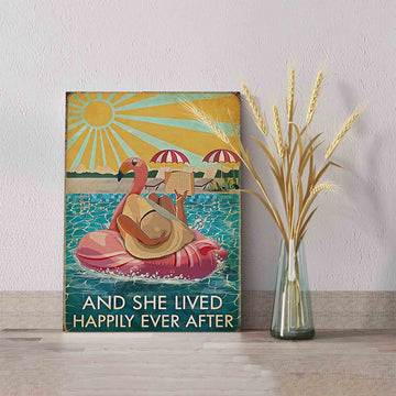And She Lived Happily Ever After Canvas, Flamingo Canvas, Summer Vacation Canvas, Pool Canvas, Gift Canvas