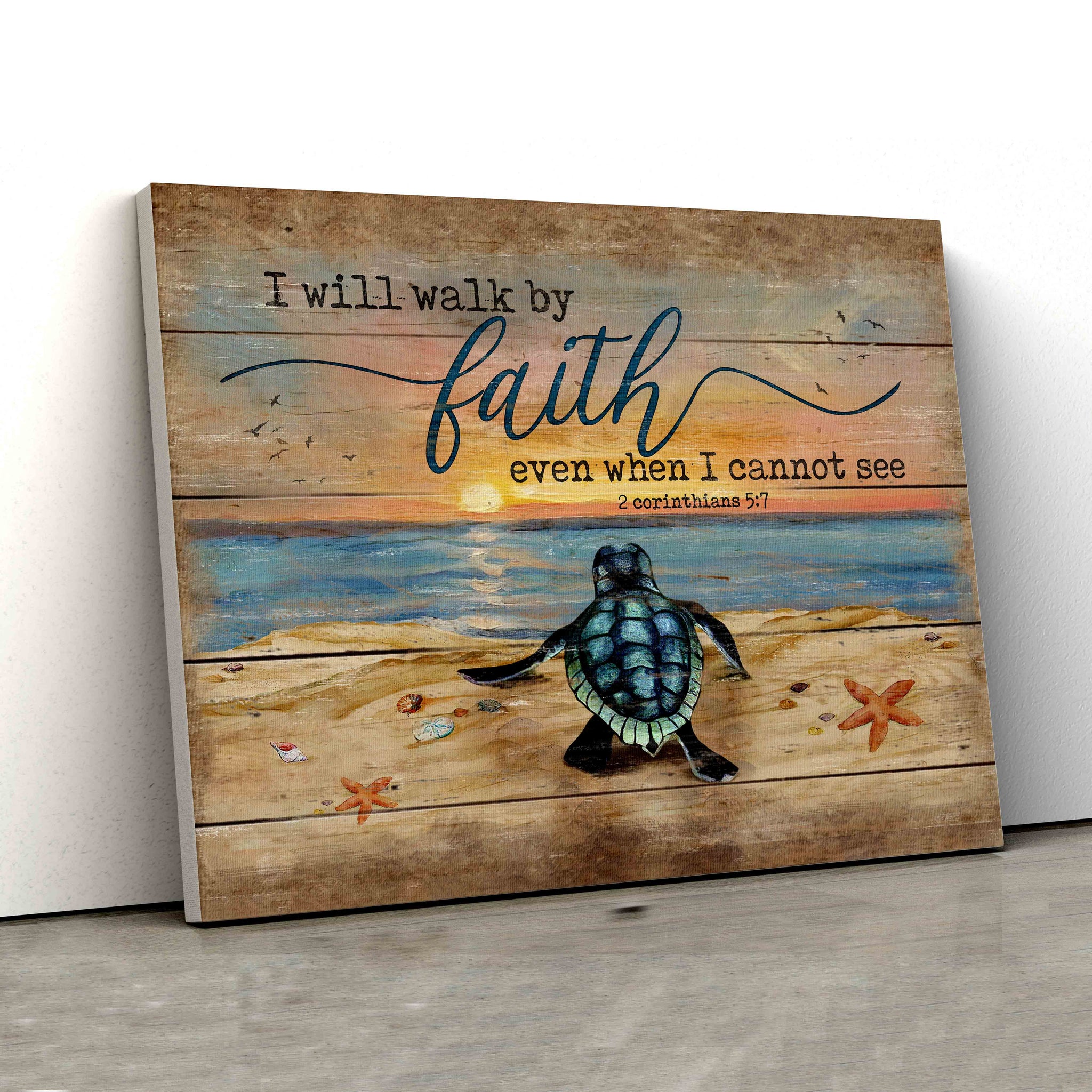 I Will Walk By Faith Even When I Cannot See Canvas, Turtle Canvas Painting, Beach Canvas, Sunset Canvas, Gift Canvas