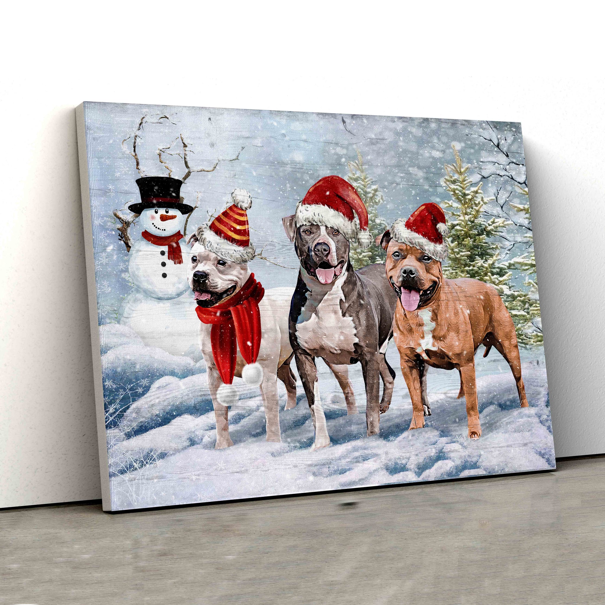 Pitbull Wearing Santa Hat Canvas, Pitbull Canvas, Dog Canvas, Xmas Canvas, Snowman Canvas Painting, Canvas Wall Art