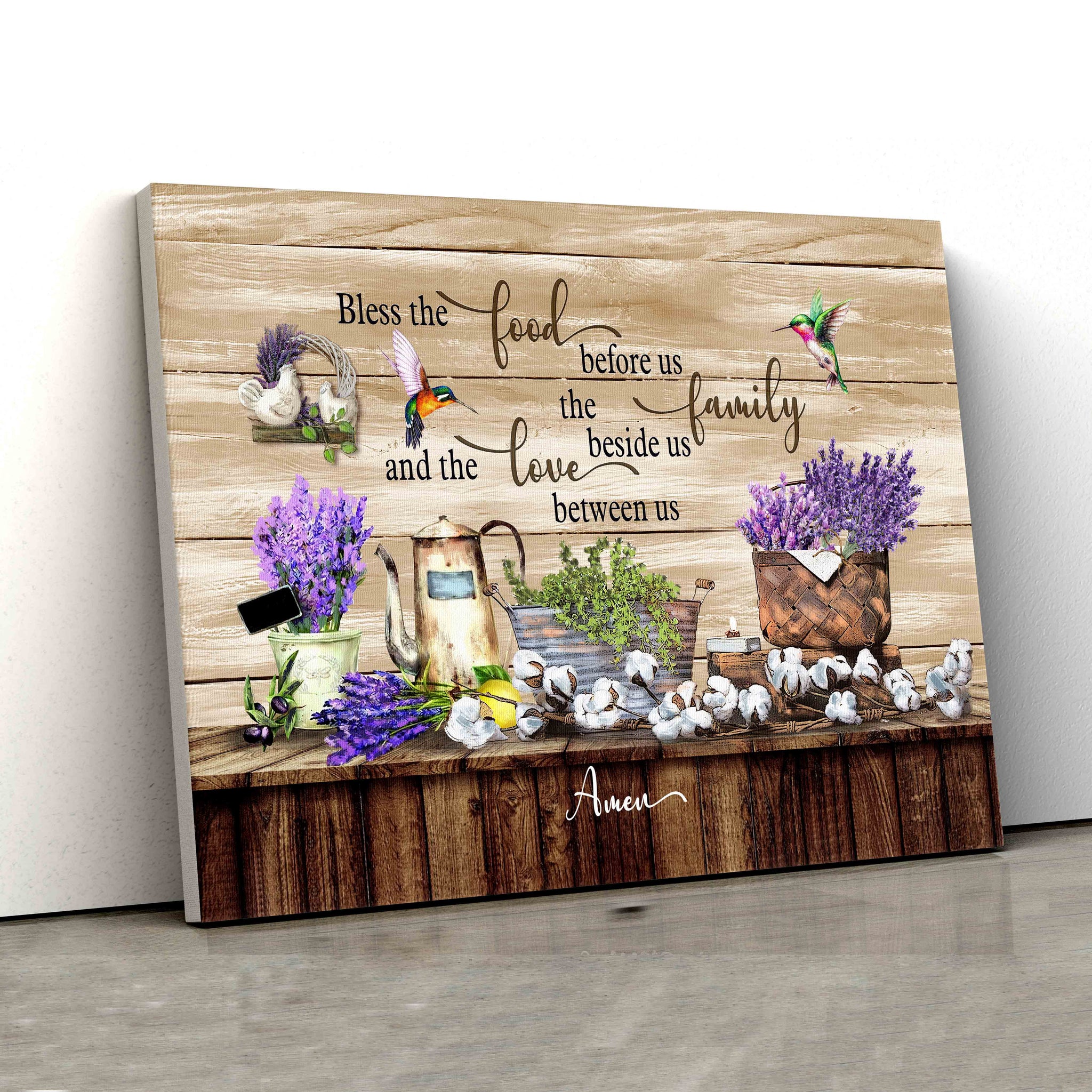 Bless The Food Before Us Canvas, Cotton Flower Canvas, Hummingbird Canvas, Lavender Canvas, Canvas Wall Art