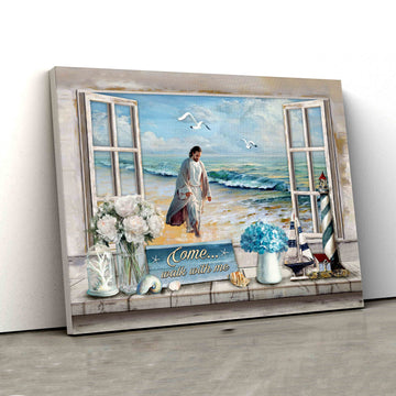 Come Walk With Me Canvas, Jesus Walking Canvas, Wooden Window Canvas, Flowers Canvas, Ocean Canvas, Gift Canvas