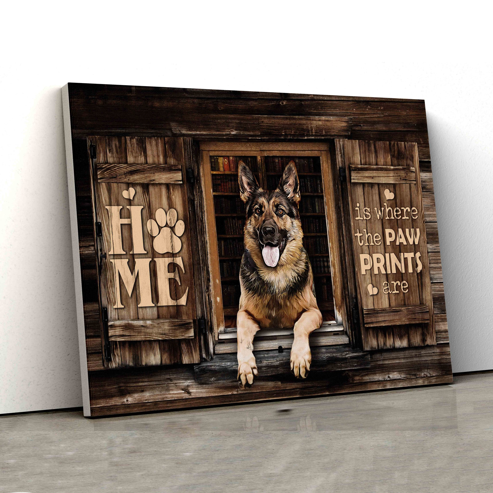 Home Is Where The Paw Prints Are Canvas, German Shepherd Canvas, Dog Canvas, Wooden Window Canvas, Gift Canvas