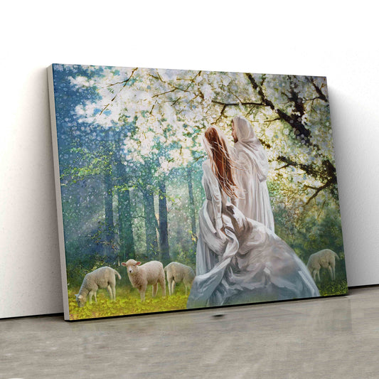 Walking With Jesus Canvas, Beautiful Girl Canvas, Jesus Canvas, Forest Canvas, Sheep Canvas, Wall Art Canvas